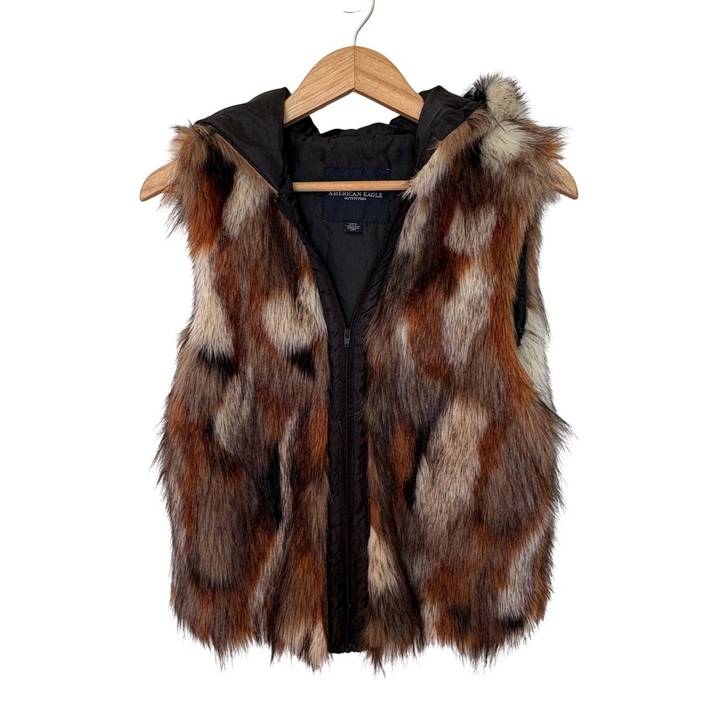 American Eagle Brown Multi Color Faux Fur Hooded‎ Zip Vest Small RN 54485 - Picture 3 of 8
